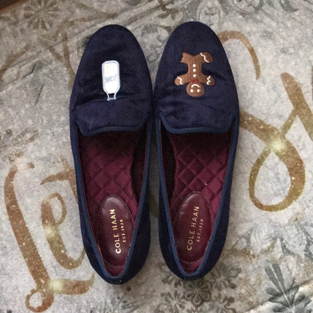 Cole Hahn navy velvet flats with milk and cookies on shoe tops